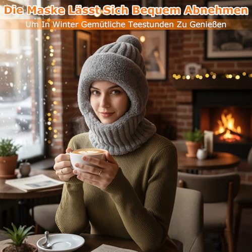 Kunoli Schalmütze Damen, Balaclava Strickmütze, Multifunktional Sturmhaube, 3-in-1-Beanie Mütze Gesichtsmaske und Schal Fleecegefüttert Winddicht Mütze, Winter Thermo Kapuzenschal, Mützenschal (Grau)