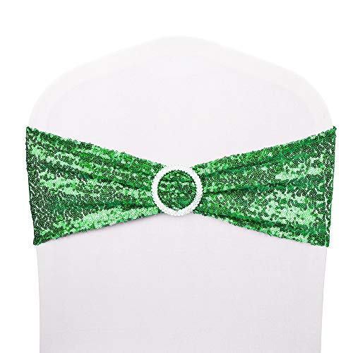 Desirable Life Pack of 50 Chair Sashes Sequin Stretchy Spandex Bands Decorative Bows One-Sided Sequins Decor for Romantic Wedding Party Home Chair Cover Sash Decorations - Green