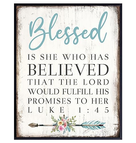Inspirational Bible Verse Wall Art 11x14 - Motivational Bible Verses Wall Decor for Women - Blessed Is She Religious Art Print - spiritual Gifts for Women - positive Quotes - Christian Scripture Decor