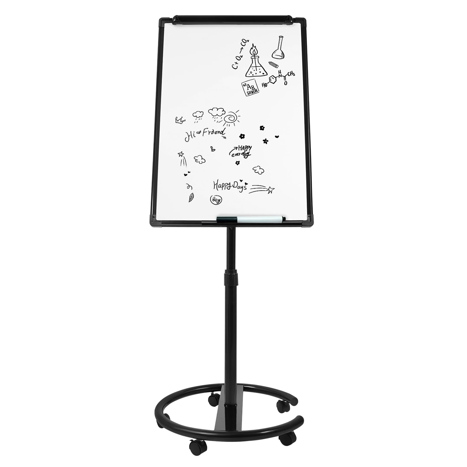 Flipchart Ständer, 90x60cm, Mobiles Whiteboard auf Rollen, Höhenverstellbar Flipchart-Tafel bis 200cm, Beschreibbar, Trocken abwischbar, magnetisch für Büro, Unterricht (Schwarz)
