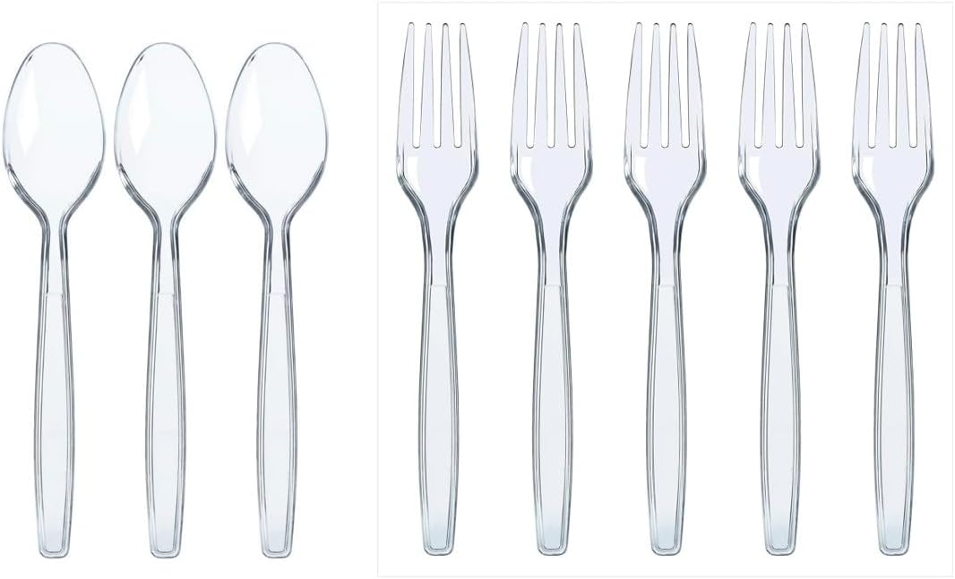 Prestee 300 Clear Plastic Spoons and 500 Clear Plastic Forks - Bulk Disposable Flatware, Utensils Set, Disposable Silverware Cutlery, Clear Plastic Spoons and Forks Heavy Duty