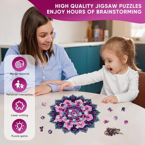 Pikoqunc Wooden Puzzles Mandala Purple Flower Rompecabezas de Madera con 205 Piezas | Piezas Únicas, Juego de Desafío para la Familia 11.2"x11.2" miniatura 4