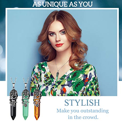 Yaomiao 6 Pieces Hexagonal Healing Crystal Necklace Natural Prism Stone Pendant Flower Wrapped Antique Quartz Yoga Energy With 20 Inch Chain (Antique Silver Flower And Chain) #TOP5