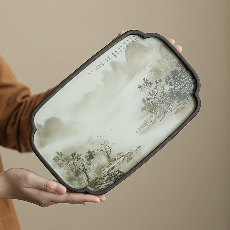 Bandeja para Servir Water Village, Bandeja de té Hecha a Mano, pequeña Bandeja Retro para Tetera Seca de Estilo Chino, Bandeja de Almacenamiento para Accesorios de Juego de té, bandejas para Comer en