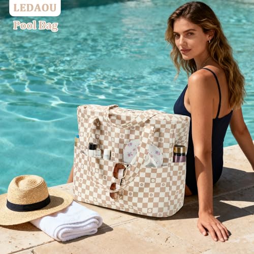 Image of LEDAOU Large Beach Bag Women Waterproof Sandproof Zipper Beach Tote Pool Bag for Swim Gym Grocery Travel with Wet Pocket