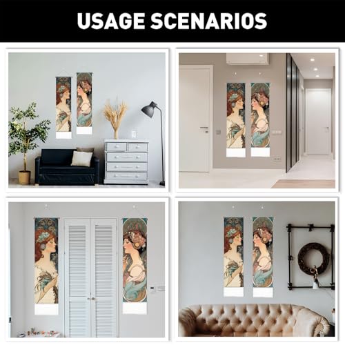 PLIGREAT 2 Pack Mucha Girl Wall Tapestry Vintage Vertical Wall Hanging with Tassels Decorative Aesthetic Long Tapestry for Bedroom Living Room Home Decorations, 52 x 13 Inch