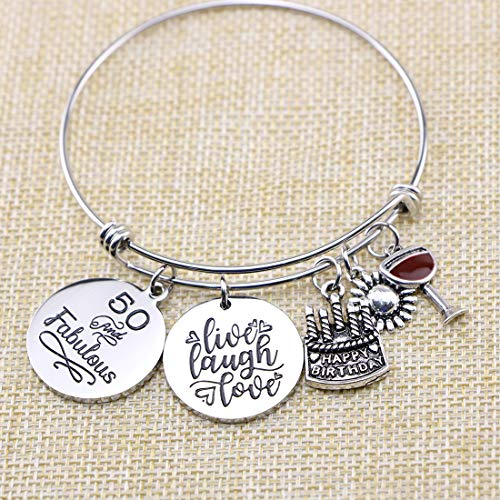 Memgift Birthday Gifts for Women 13th 16th 18th 21st 30 40 50 60 65 70 80 90 Fabulous Live Laugh Love Cake Charms Expandable Bracelet Gift Jewelry for Her4