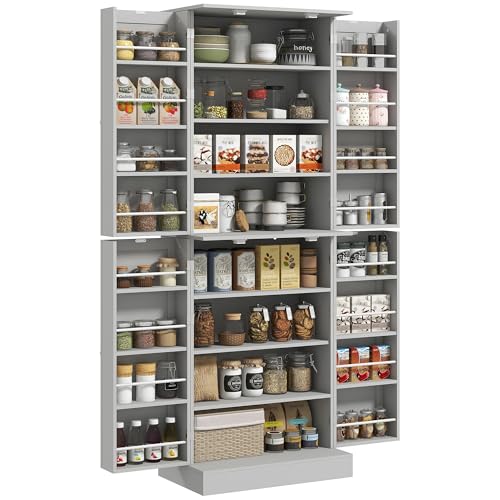 HOMCOM 65' Kitchen Pantry Storage Cabinet, Freestanding Kitchen Cabinet with 16 Door Shelves, Double Doors, 8-Tier Shelving and Adjustable Shelves, Gray