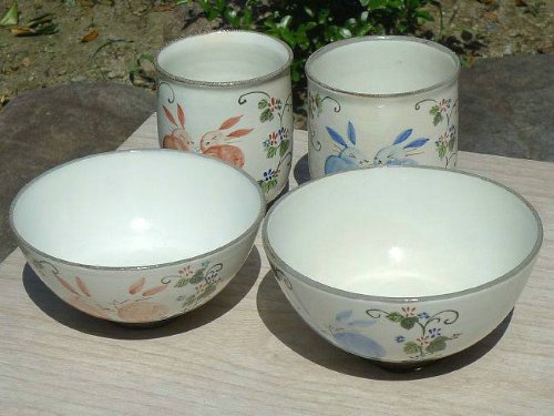 Amazon | 花うさぎ夫婦湯呑と夫婦茶碗セット 嘉峰 | 京焼清水焼