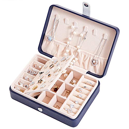 LATIT Travel Jewelry Box Organizer Small Jewelry Storage Case PU Leather Compact Jewelry Case for Rings, Earrings, Necklaces,Gifts for Girls Women- Navy