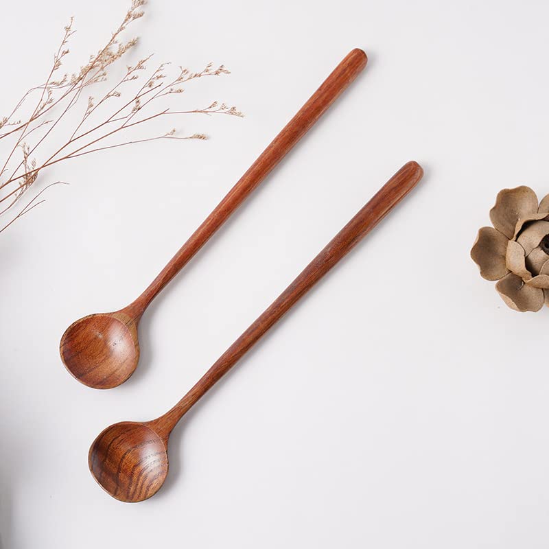 Image of Wooden Soup Spoon, 2PCS Wooden Long Spoons Korean Style Natural Wood Long Handle Round Spoons Long Soup Spoons for Soup Cooking Mixing Stirrer Kitchen Tools
