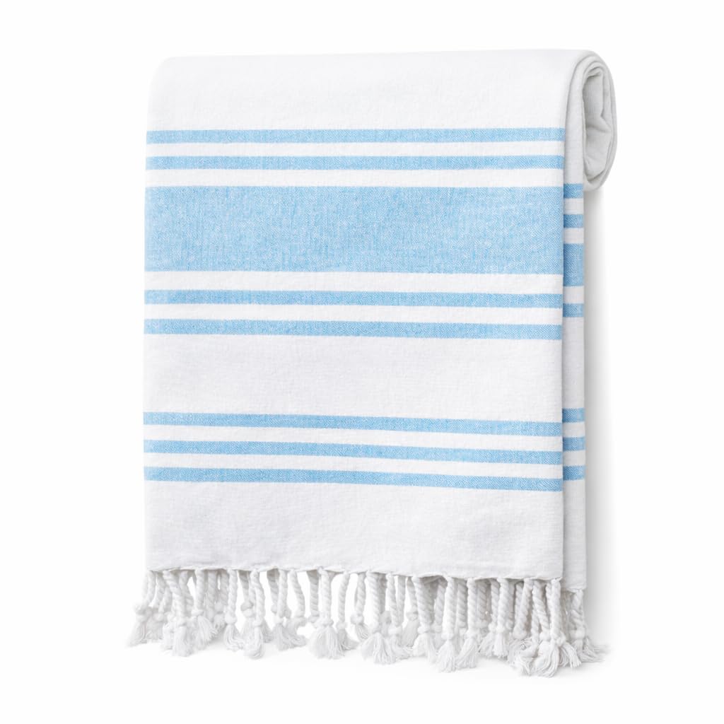 Adore Home Rio Stripe Turquoise Large Hammam Beach Towel Striped Turkish Style Fouta Peshtemal Cotton,