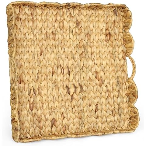 Gurfuy Square Ottoman Table Tray 19.7" with Handles - Water Hyacinth Wicker Serving Wicker Tray for Farmhouse Decorative Oversized Coffee Table Trays Living Room Kitchen Counter Breakfast Scalloped Cover