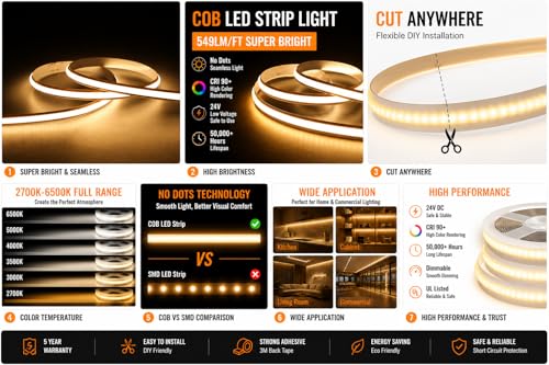 Tira LED COB 24V 3000K 16.4ft con corte libre miniatura 2