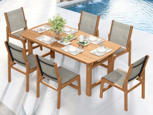Image of Ciokea HDPE Outdoor Dining Set, Patio Table and 6 Stackable Chairs, Teak