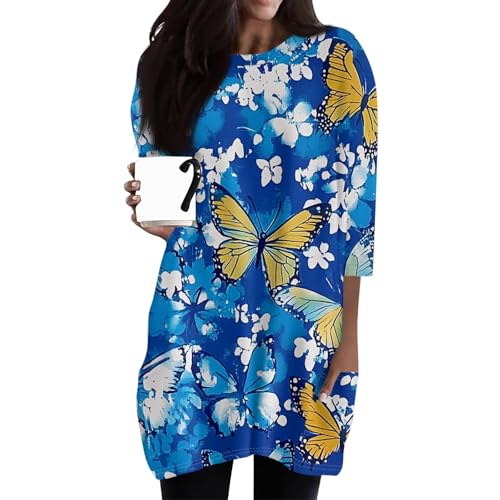 3/4 Length Sleeve Womens Tops Plus Crewneck Oversized Blouses Geometric Fall Casual Tunic Top to Wear with Leggings