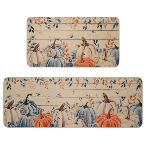 MEHOFOND Fall Pumpkin Kitchen Rugs Set of 2, Blue Fall