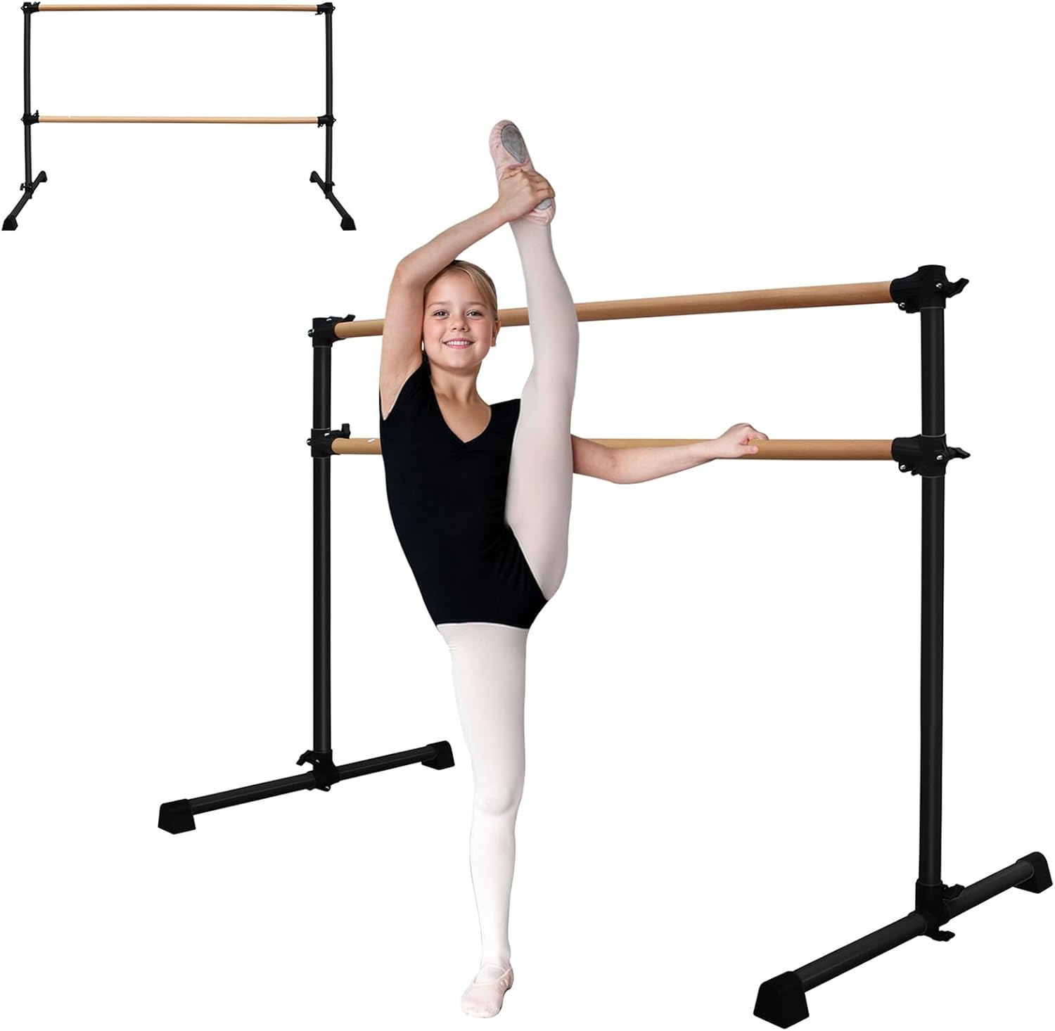 6 Ft Ballet Bar, Portable Ballet Barre for Home, Freestanding Double Dance Bar Heavy Duty, Adjustable Height, Solid Wood, Rotatable Foot Stand, Non-Slip Rubber Pads, Ideal for Kids & Adults