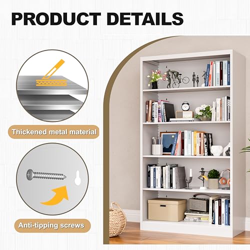 Image of VASAAOSD 55 inch White Bookshelf, 5 Tier Adjustable Metal Bookcase | Adjustable, Wide Bookshelf with Anti-Tilt Device, Easy Assembly Toy Storage Organizer, for Bedroom, Study, Office, Classroom