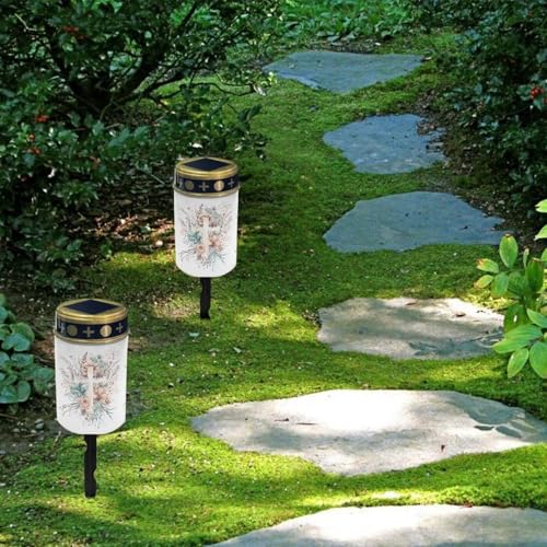 Image of Cross and Floral Light for Prayer Cemetery Solar Lights for Grave Cemetery Decor Candle Lamp Waterproof Solar Power Light Eternal Lights for Graves Cemetery Memorial Gift 2 PCS