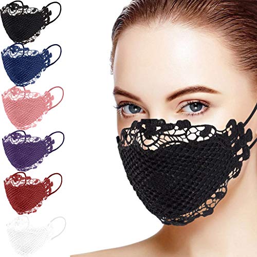 6Pcs Reusable Fashion Sexy Lace Face_Mask for Women,Washable Cotton Face Mouth Hygiene Protection Pads with Adujustable Earloop for Women,Multiple Color Combinations,Comfortable & Breathable