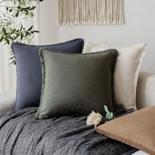 Image of Foindtower Set of 2 Decorative Linen Fringe Throw Pillow Covers Boho Farmhouse Cushion Cover with Tassels Soft Accent Pillowcase for Couch Sofa Bed Living Room Home Decor,26x26 Inch,Dark Olive Green