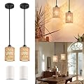 OUVR Pendant Light Boho Hanging Lamp - Rattan & Linen 2-in-1 Shade, Adjustable Hanging Lights Fixture for Kitchen Island, Dining Room, Farmhouse, Bedroom (2 Pack)