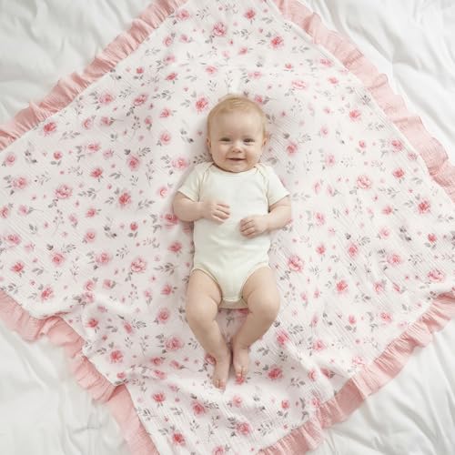 Image of david's kids Flounce Muslin Baby Blanket for Girls Boys, 100% Cotton Soft Crib Swaddle Blankets, Reversible & Breathable Nursery Bedding for Newborns Toddlers, 47 x 47 Inches (Floral)