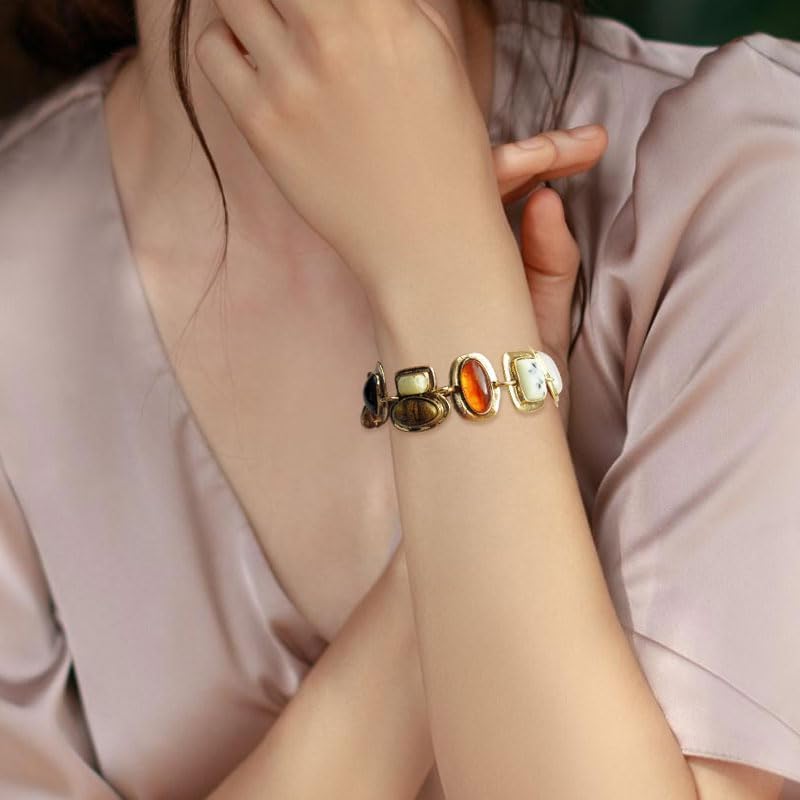 Vintage Ethnic Chunky Stone Bracelet, Geometric Metal Charm Bracelet, Boho Style Alloy Beaded Bracelet for Women Everyday Wear - Image 4