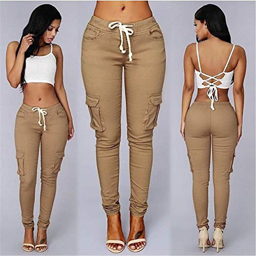 Andongnywell Womens Casual Stretch Drawstring Skinny Pants Cargo Jogger Pants High Waist Tie Butt Lift Pant With Pockets (Khaki 2,Medium) #TOP1