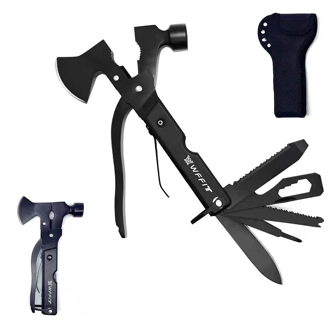 WFFITT Multitool The Ideal Gift for Men, Camping Accessories Survival Gear and Equipment 15 in 1 Hatchet , All in One Tools Mini Hammer Multitool (Blcak)