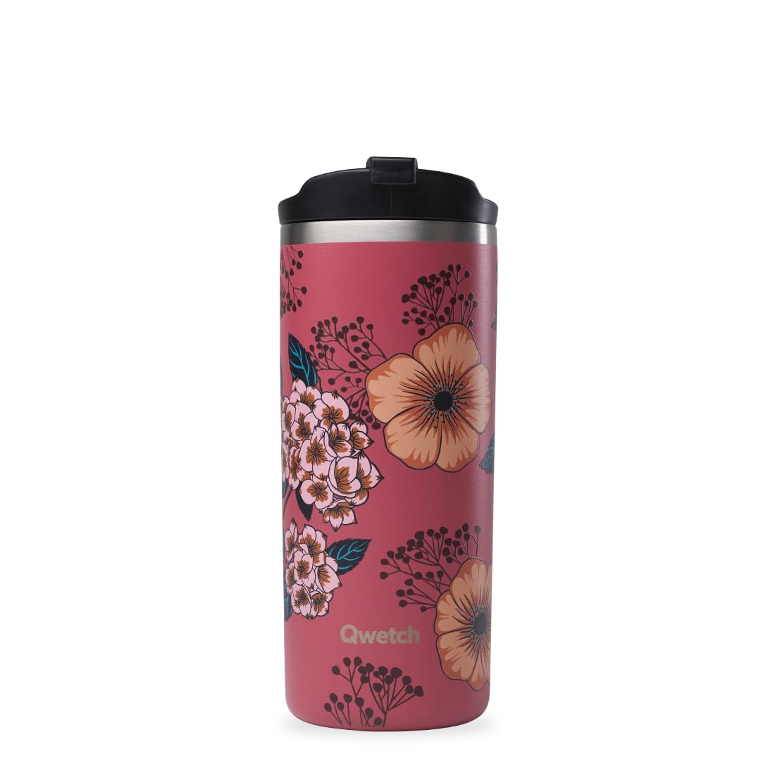 QWETCH - Insulated Travel Mug - Anemone Print 470ml - Coffee & Tea Thermo - Keeps Hot 6h / Cold 12h - BPA-Free, Leakproof, Travel Cup