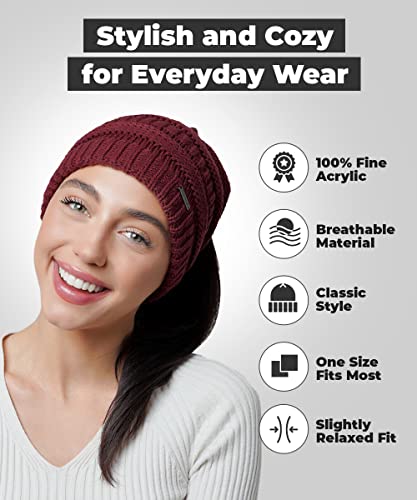 Revony Trendy Ponytail Beanie For Women - Warm & Soft Chunky Knit Style - Cute Comfy Stretchy Skully For Winter Days Burgundy #TOP1