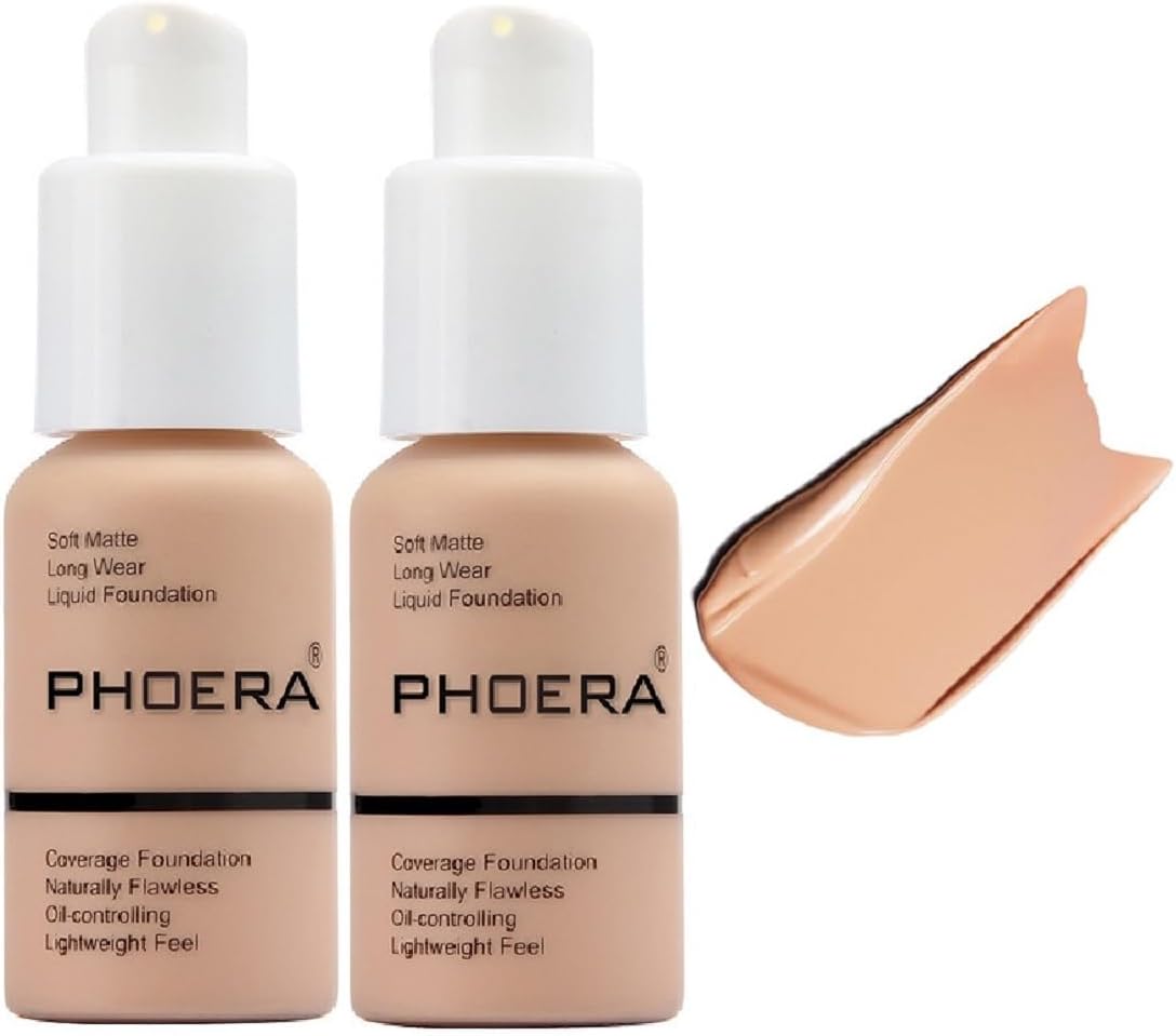 2 Pack PHOERA Foundation,Full Coverage Concealer Flawless Soft Matte 24HR Oil Control Liquid Foundation Makeup .(104 Buff Beige）