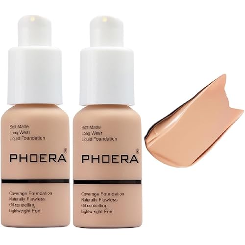 2 Pack PHOERA Foundation,Full Coverage Foundation, Concealer Foundation Full Coverage Flawless New 30ml PHOERA 24HR Matte Oil Control Concealer。(103 Warm peach）