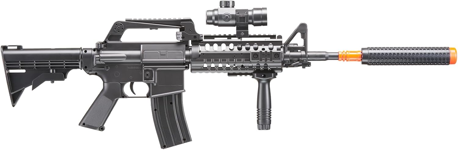 Lancer Tactical M4 Airsoft Spring Power Light Weight with Flashlight, Red Dot, Grip and1000 Rounds 0.12g BBS