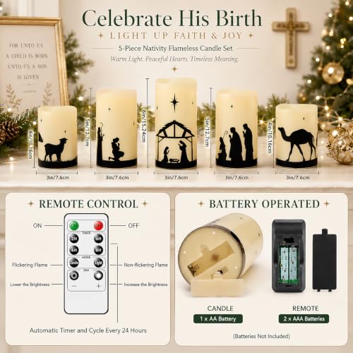 Image of Nativity Scene Flameless Candles, Christian Christmas Decorations, 5 Pack