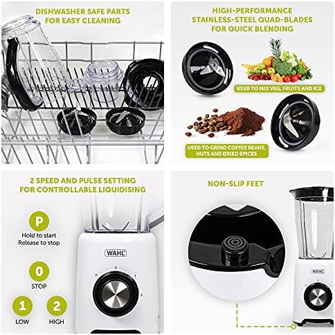 Wahl Table Blender, 1.5 Litre, Plastic Jug, Grinder Attachment, 2 Speed, Pulse Setting, Dishwasher Safe Parts, Easy Clean, Stain Resistant, Make Smoothies Shakes Soups Sauces, Quick Blending