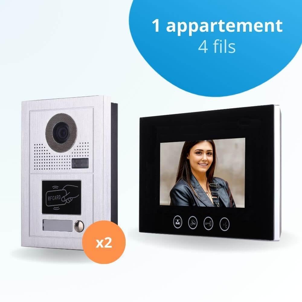 Portier interphone vidéo Classic-2 4 Fils pour 2 entrées - 1 Appartement - 2 platines - 1 écran Noir 7" - avec mémoire Photos - avec Lecteur de Badge