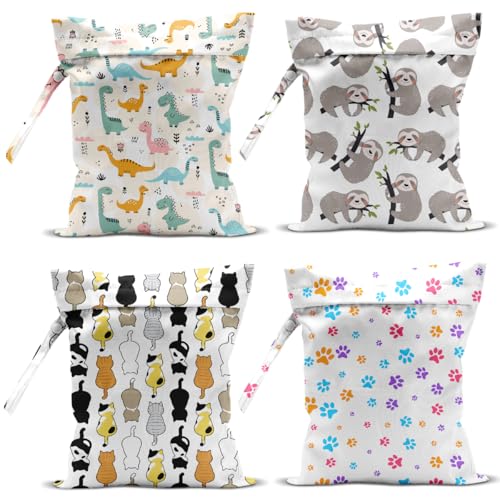 Image of zcyxuuw 4 Pack Wet Bag for Swimsuit, Beach Travel Essentials Wet Dry Bag, for Sunscreen Toiletry Dirty Clothes Yoga Gym Diaper, Friend Summer Beach Vacation Gifts. Dinosaurs, sloths, dogs