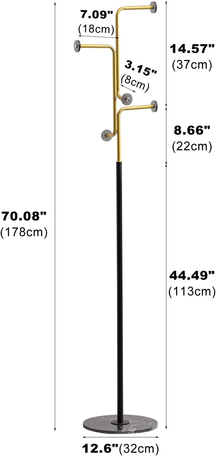 Coat Rack Metal Clothes Rack with Mable Base Coat Tree for Hats Bags Office Bedroom Entryway Living Room 12.6 x 12.6 x 70.08 inches (Gold)