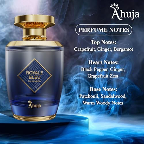 Image of AHUJA Royal Bleu Eau De Parfum for Men, 100 ml (3.4 fl oz) | Long-Lasting Fresh Citrus Fragrance with Grapefruit & Ginger | Deep Woody Notes | Premium Daily Wear Perfume & Gift for Men