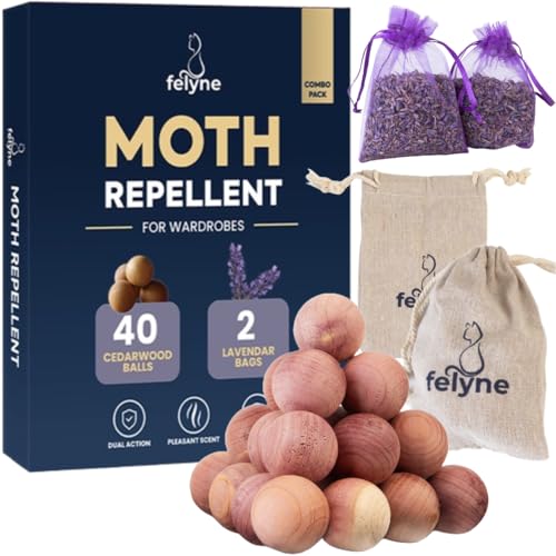 Bolas repelentes de polillas, paquete de 40 y 2 bolsas de lavanda para armarios, 100% madera de cedro natural y lavanda, repelente de polillas de aceite de cedro, tratamiento de polillas para ropa