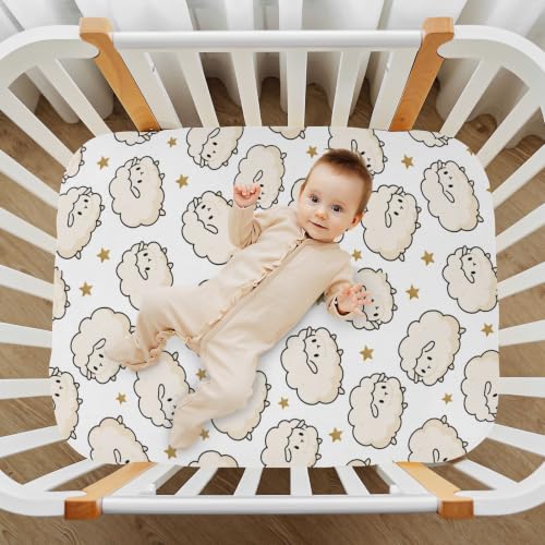 Image of Crib Sheet Breathable Soft Crib Mattress Sheet for Baby Toddler Boys Girls Fitted Pack n Play Crib Sheet Fit Standard Crib Mattress 52 x 28 Inch White Stars Sheep