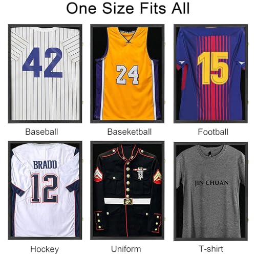 Image of Jinchuan Jersey Frame Display Case Large Shadow Box Lockable with UV Protection Acrylic Hanger and Wall Mount Option for Baseball Basketball Football Soccer Hockey Sport Shirt Black Finish