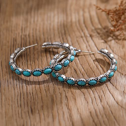 Turquoise Bohemian Metal Hoop Fashion Earring, Silver-Tone Faux Turquoise Hoop Earrings #TOP3