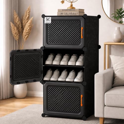 Image of Plastic Shoe Rack for Home 𝟔 𝐒𝐡𝐞𝐥𝐟 Shoe Rack with Door for Home Storage Organizer with Metal Door Frame to Cover Chappal Slipper Sandals Shoes Box Stand【Grey, 6-Shelf-3-Door】