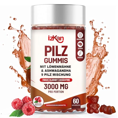 Izkan Pilz Gummis 3000 mg - 9 Gehirn Gesundheit Pilz Gummies mit Ashwagandha fördert die Konzentration, Gedächtnis und Stimmung - Packung mit 60 (Himbeergeschmack, Halal, Glutenfrei)