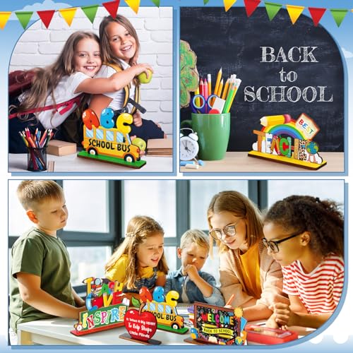 Image of Yuntau 6 Pcs Back to School Wooden Table Decorations Teacher Appreciation Desk Signs, Inspirational Classroom Tiered Tray Decor with School Bus Teach Love Design, First Day of Decorations for Teachers