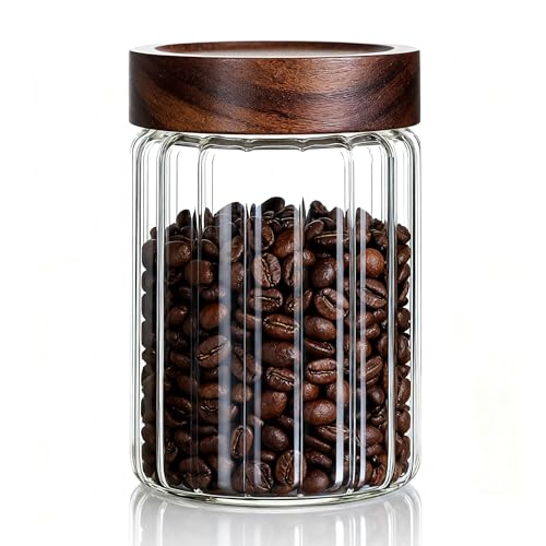 Tarro decorativo de vidrio de borosilicato de 850 ml con tapa de madera hermética, recipiente de almacenamiento de alimentos de vidrio con tapa de rosca para café, té, azúcar, galletas, ensalada de